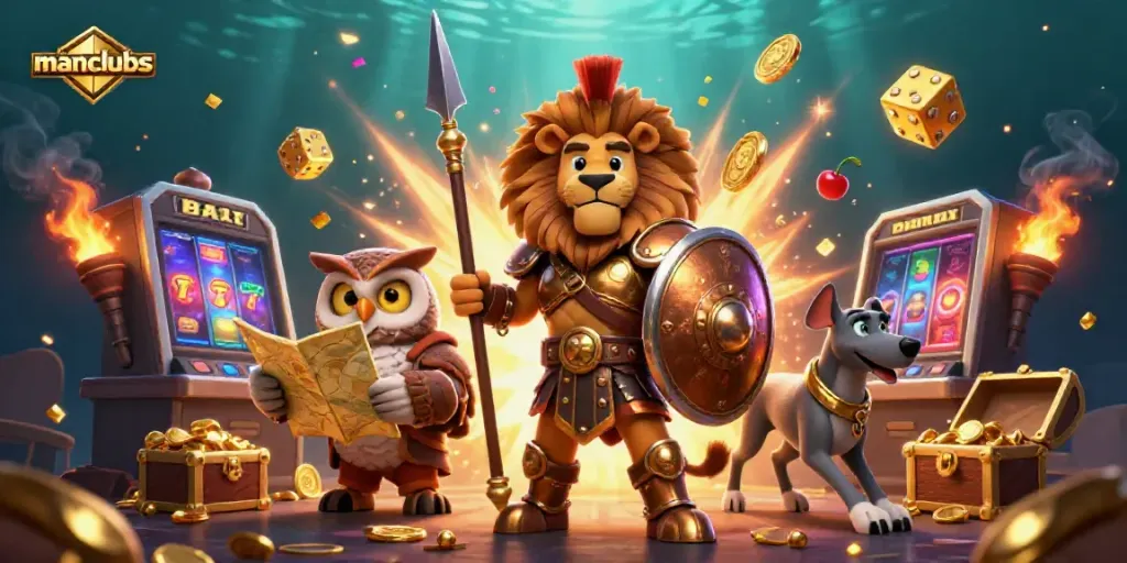 Engage with manclubs in a thrilling 3D cartoon scene filled with exciting casino game elements.