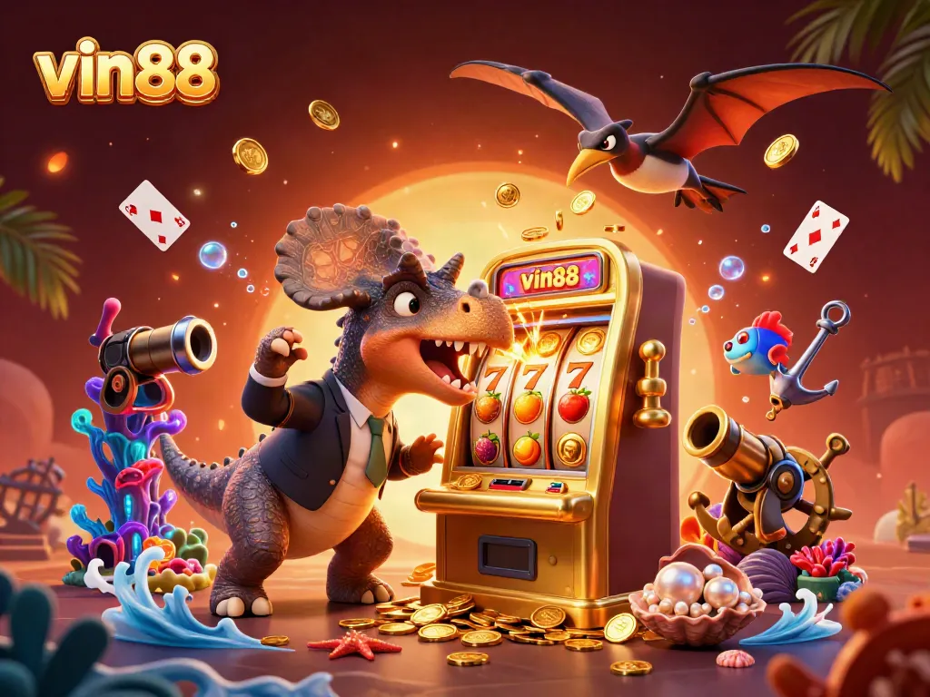 vin88 players celebrating a jackpot win at a vibrant casino filled with gold coins and playful imagery.