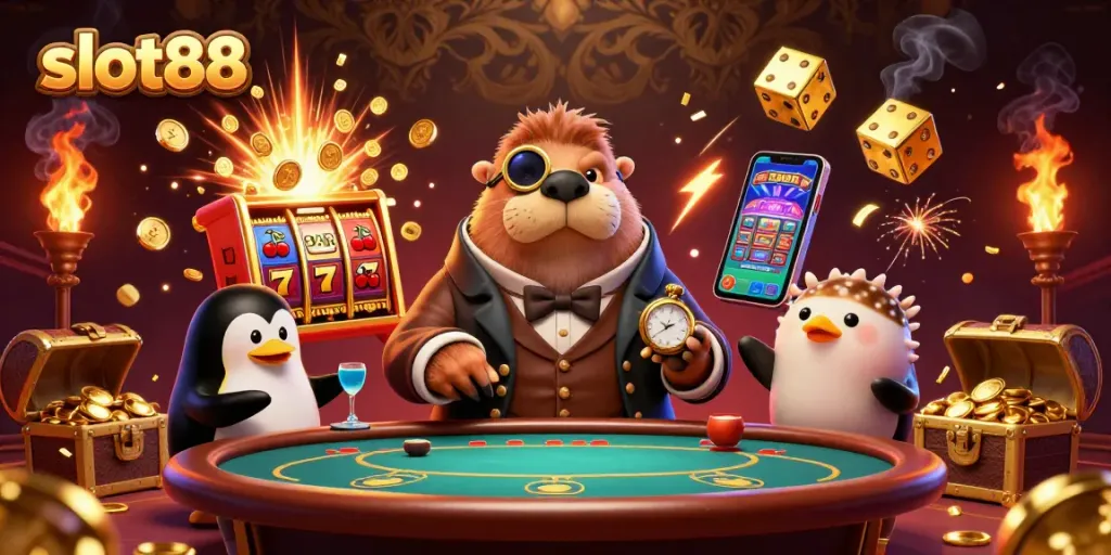 Experience the excitement of slot88 with a lively underwater casino scene featuring poker players and jackpot symbols.