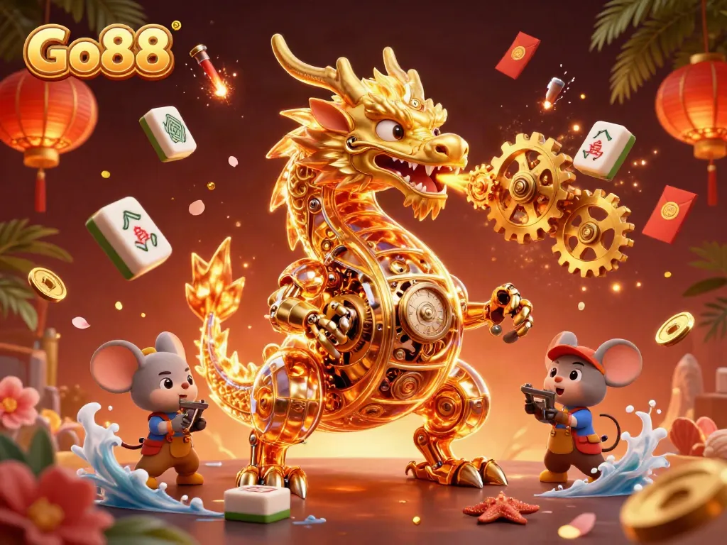 Play games on Go88 with a vibrant dragon breathing golden gears and exciting casino elements.