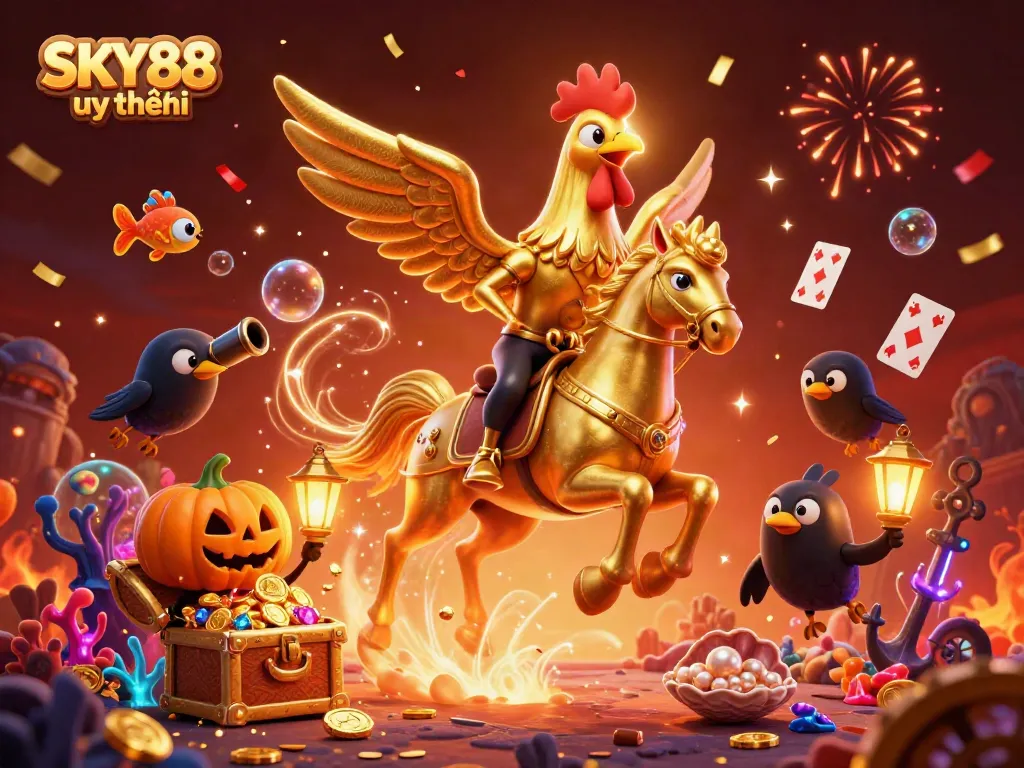 Experience the thrilling atmosphere of SKY88 uy tín with vibrant casino elements and dynamic characters.