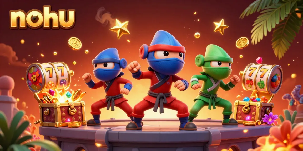Nohu players master slots strategies with dynamic chameleon ninjas in a vibrant casino setting.