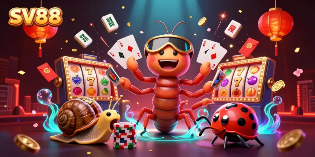 Engagingly test your luck at SV88 amidst a vibrant casino scene with card-playing characters.