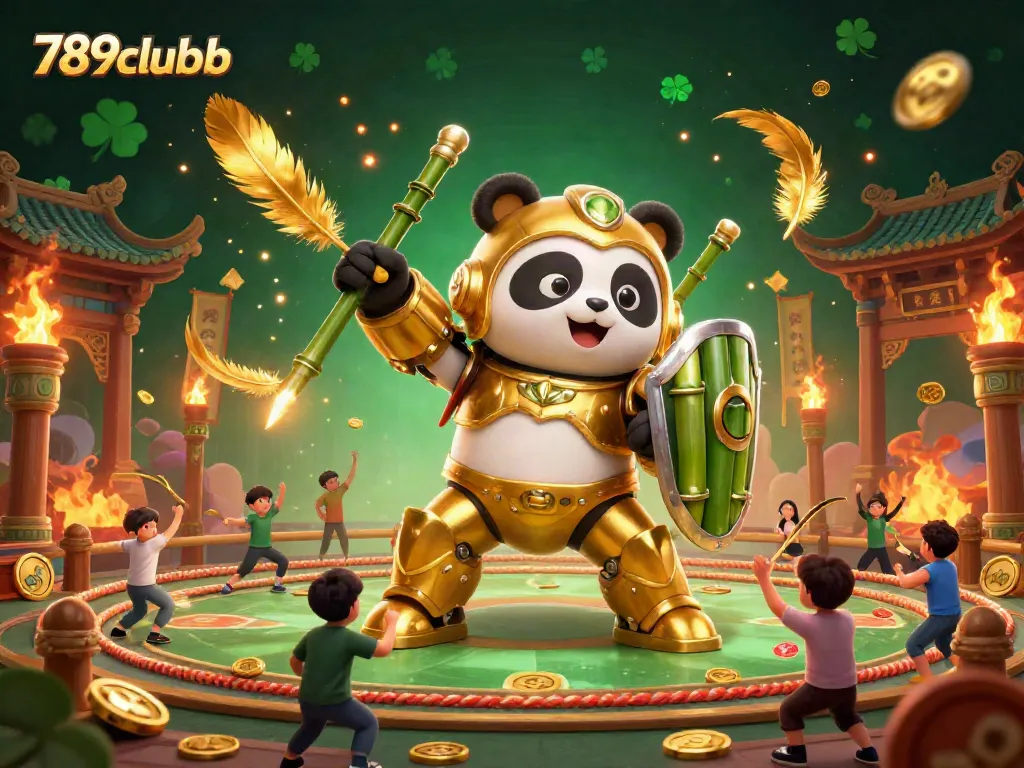 Experience thrilling gameplay at 789clubb with vibrant golden panda and dynamic casino elements depicted in 3D.