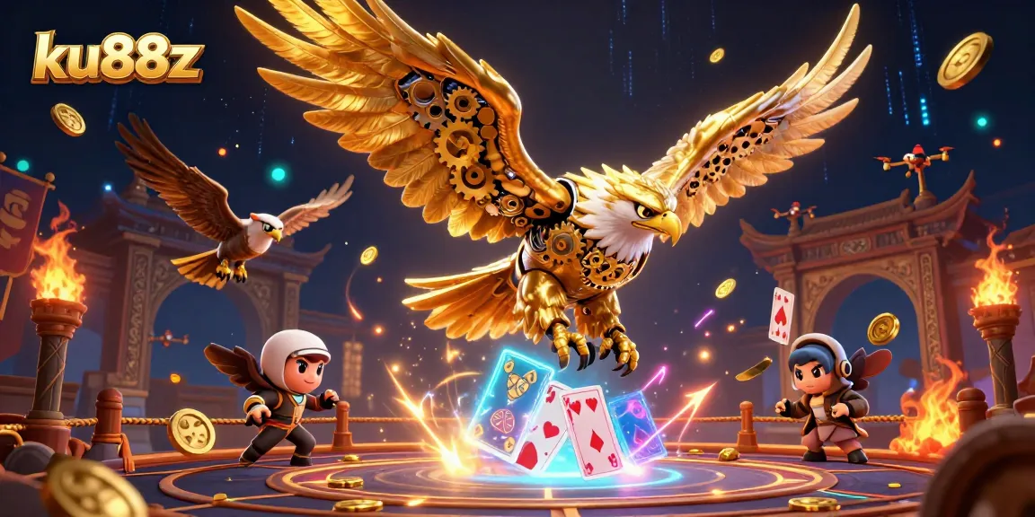 Engage with ku88z in an electrifying 3D casino scene featuring a golden eagle and card cascade.