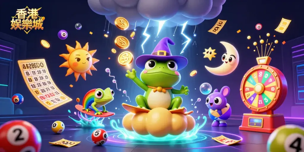 Engage in thrilling games at 香港娛樂城 with vibrant scenes of a frog wizard and chameleon amidst lottery action.