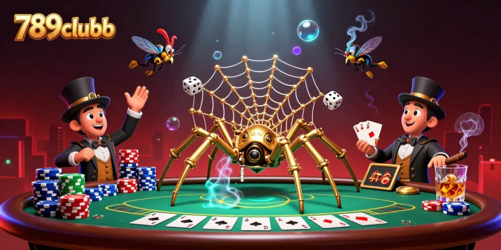 Engaging illustration of 789clubb game elements with spider and fly in a vibrant casino setting.