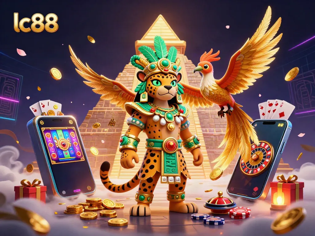 Engage with lc88 gaming magic in a vibrant 3D scene featuring a jaguar priest and slot game excitement.