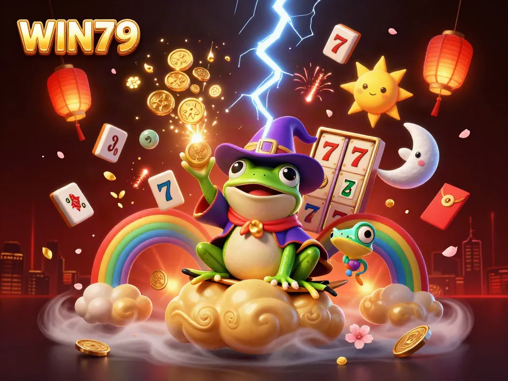 WIN79 captures the excitement of slot gaming with golden coins and vibrant characters in a dynamic scene.