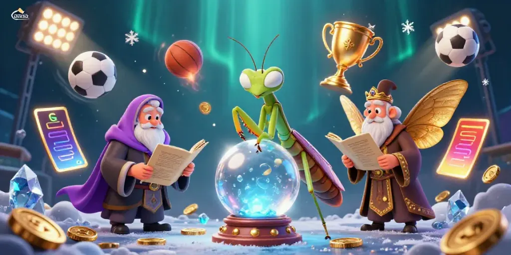 Engaging manclubs-themed illustration with fortune teller and sports elements capturing excitement.