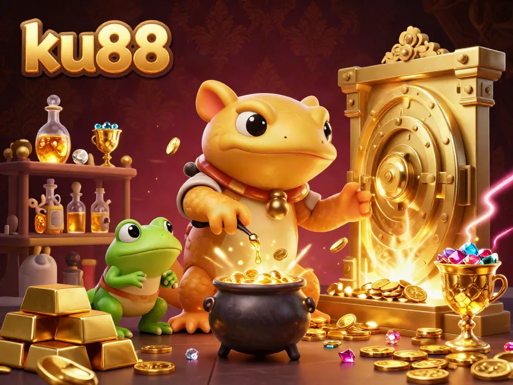 Transforming base metals into gold with ku88 alchemist, featuring gold treasures and magical energy.