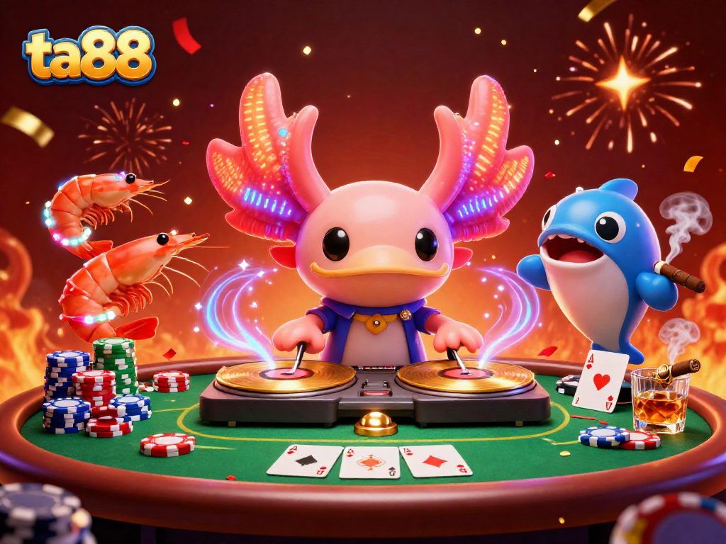 Experience vibrant ta88 action with a neon axolotl DJ amidst poker excitement and colorful elements.