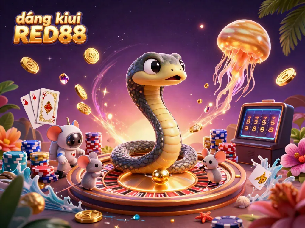 Engage in the cosmic world of đăng ký RED88 with a Saturn ring snake and gambling characters.