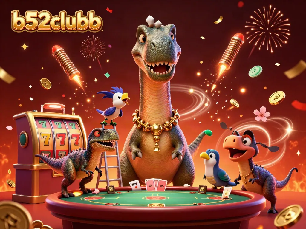 b52clubb showcases a playful casino scene with a brontosaurus and raptor interacting with slot reels and gold coins.