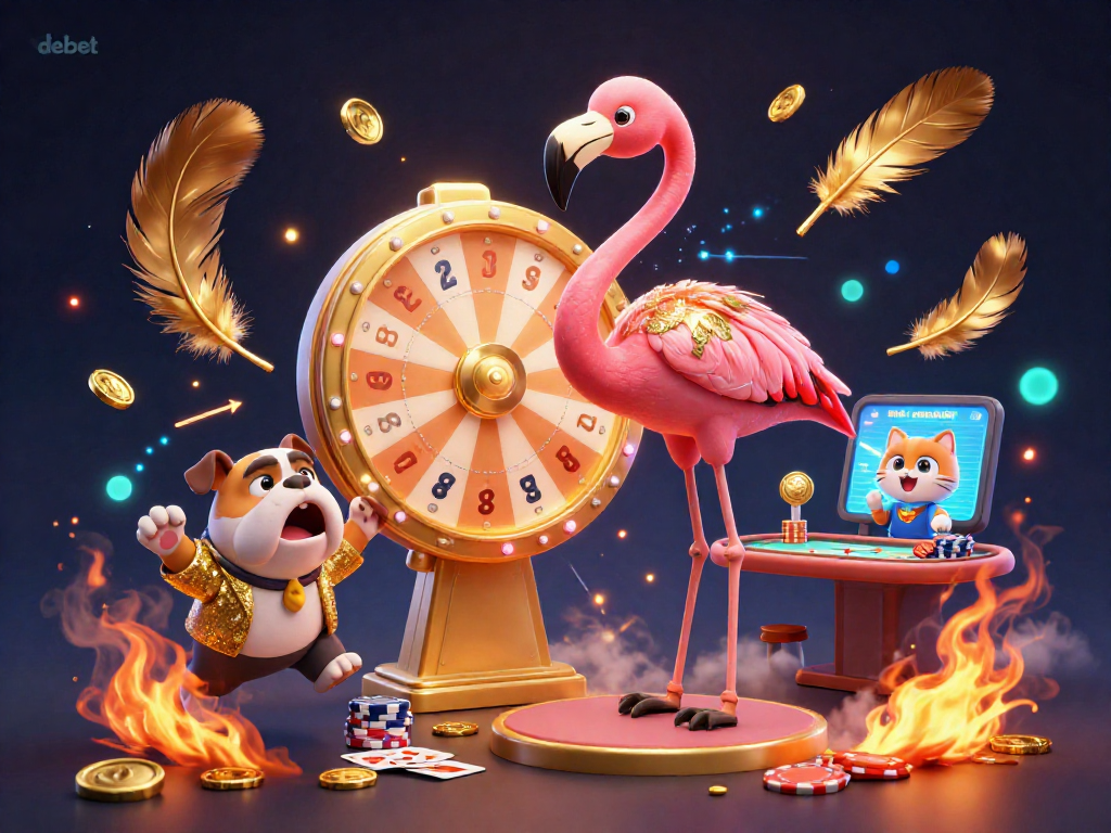 Watch the debet game show host flamingo present prizes amidst an exciting casino scene.