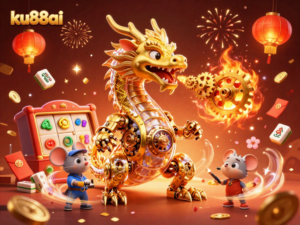 Engage in thrilling gameplay with ku88ai's vibrant 3D casino illustration featuring golden dragon and slot reels.