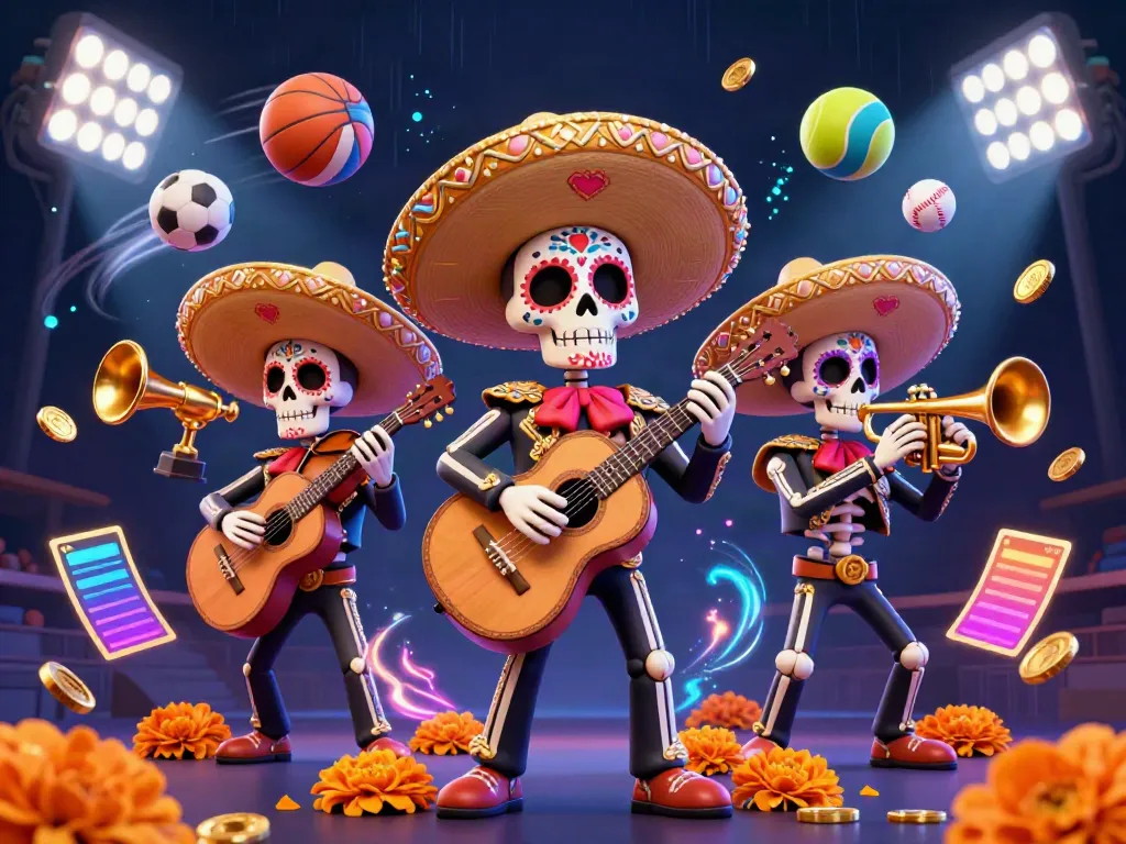 Experience the vibrant 789club atmosphere with a Dia de los Muertos mariachi band immersed in sports elements and gold coins.