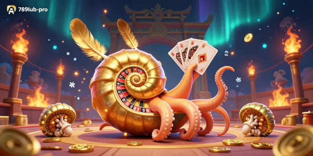 Experience the excitement of 789lub-pro with a vibrant 3D nautilus roulette scene featuring cards, coins, and glowing ammonites.
