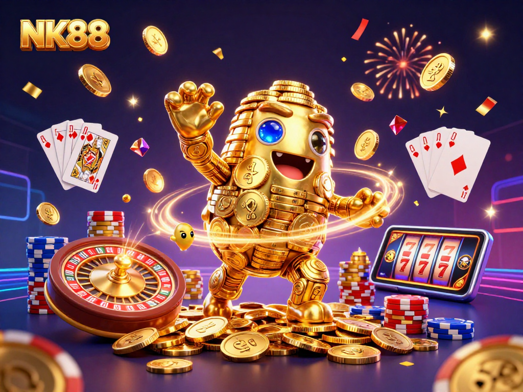Experience the thrill of gambling with NK88, featuring dynamic casino game elements and lively 3D characters.