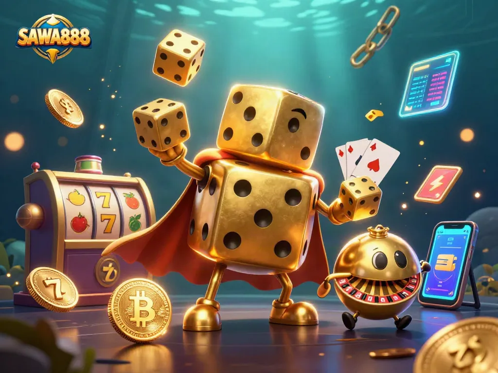 SAWA888 rolls into action with vibrant slot elements in this detailed 3D casino illustration.