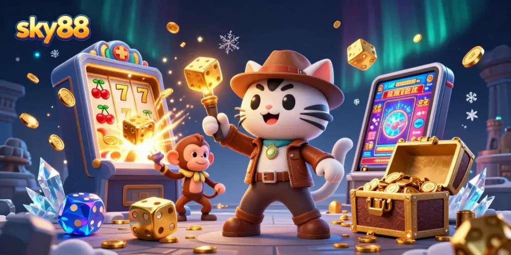 Experience thrilling gaming action with sky88's vibrant 3D casino adventure scene.