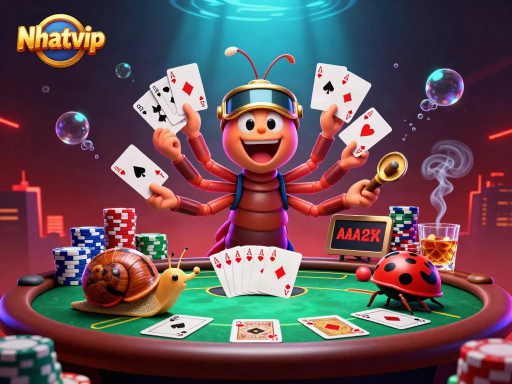 Nhatvip showcases a vibrant casino scene with a millipede dealer and high-roller characters in action.