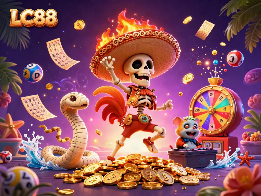 Engage with LC88's thrilling lottery scene featuring festive characters and dynamic gaming elements.