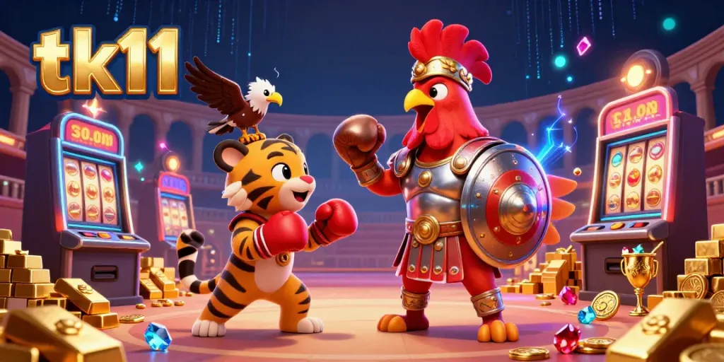 Engage in thrilling action with tk11 slots and a dynamic casino environment, featuring vibrant characters.