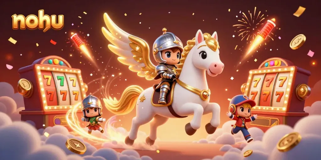 Nohu casino scene featuring a celestial horse and knight with dynamic slot elements and festive fireworks