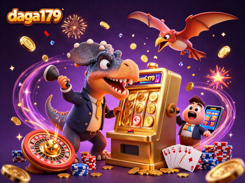 daga179 highlights a cartoon dinosaur celebrating in a casino with golden slots, coins, and cards.