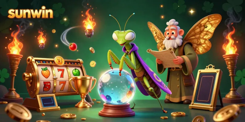 Join the sunwin gaming experience with a mystical fortune teller amidst vibrant slots and golden casino elements.