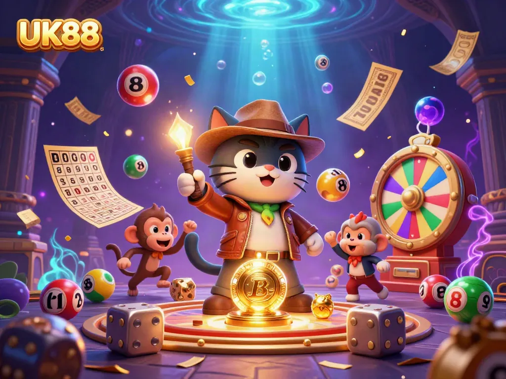 Experience the excitement of UK88 with a vibrant scene of an explorer cat discovering golden artifacts amid lottery balls and magical effects.