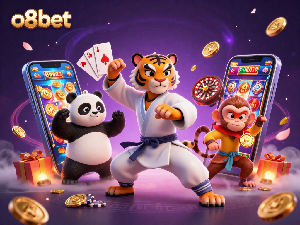 Engage with o8bet's vibrant gaming world featuring a kung fu tiger and animated casino elements.