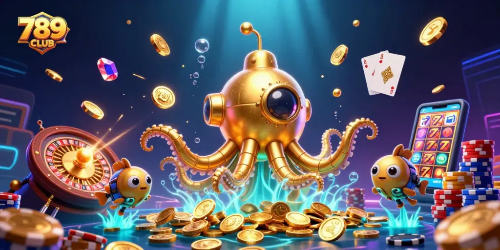 Playing games and winning with 789CLUB: Dynamic 3D illustration of a casino adventure.