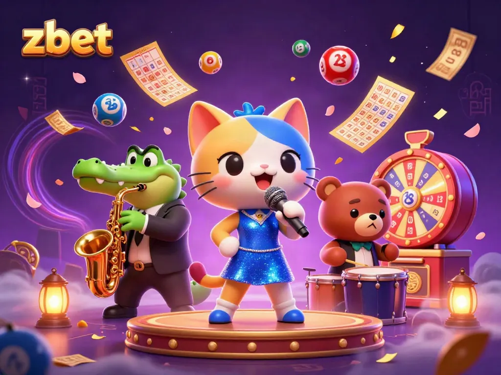 Zbet showcases an exciting casino scene with cartoon characters engaging in thrilling games and lottery excitement.