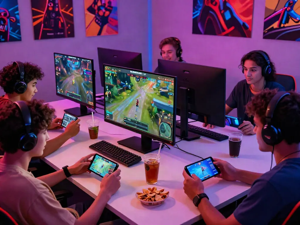 Exciting gaming session with friends on Sunwin platform showcasing mobile devices and vibrant atmosphere.