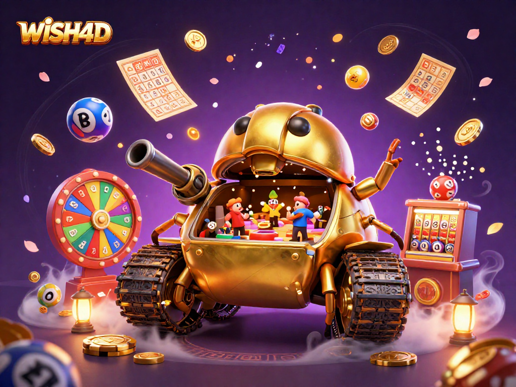 Experience the thrilling WISH4D atmosphere with a vibrant 3D casino scene bursting with action and colors.
