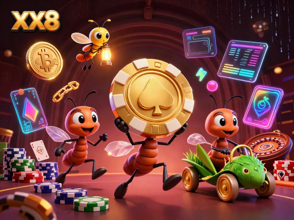 Experience the exciting heist of 3D cartoon ants carrying a golden poker chip in a vibrant casino scene featuring XX8 elements.