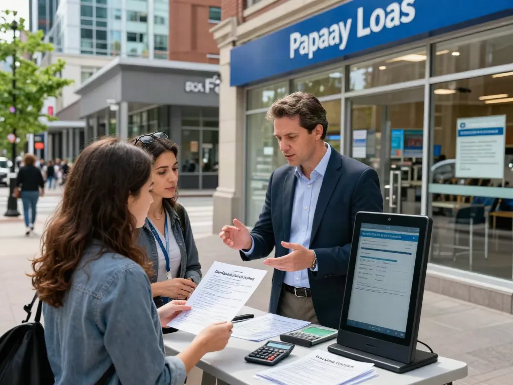 Engaged individuals discussing payday loans at an Edmonton storefront, showcasing financial advisor guidance and community interaction.