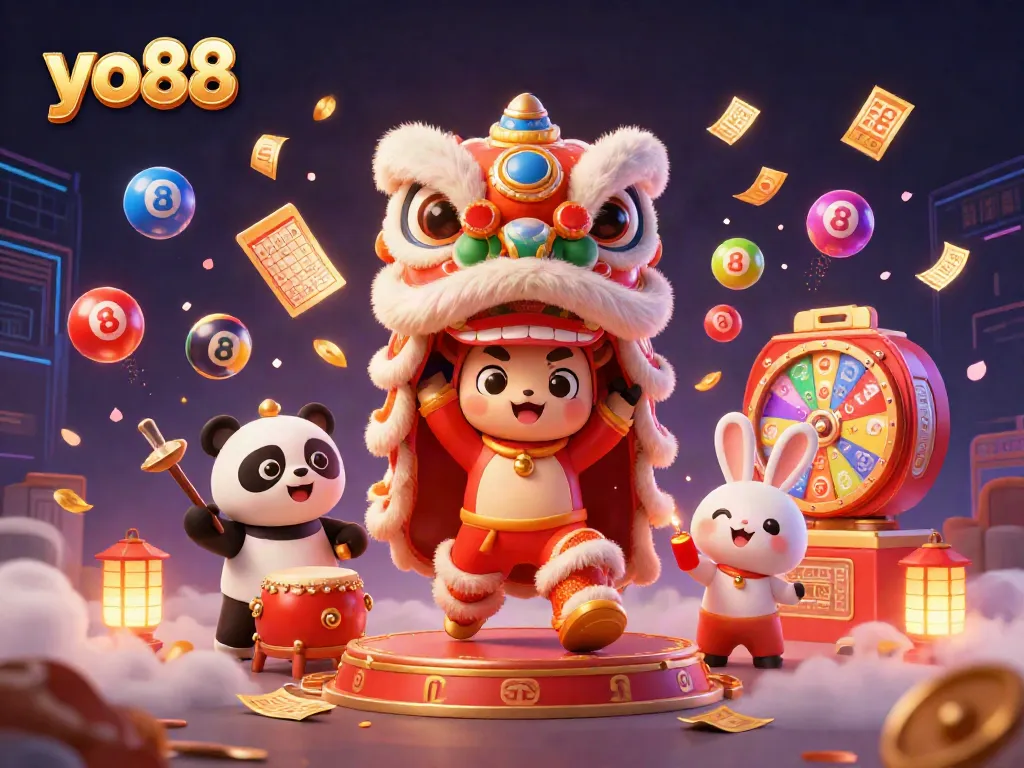 Experience the vibrant action of yo88 with a thrilling lion dance featuring colorful lottery elements and festive characters.