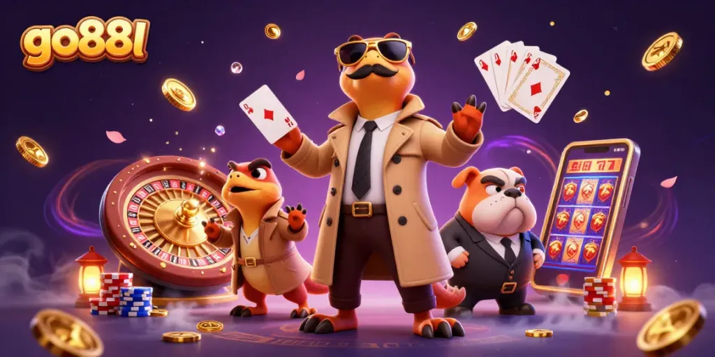 go88l characters entering a VIP lounge at a casino, highlighting gaming elements and excitement.