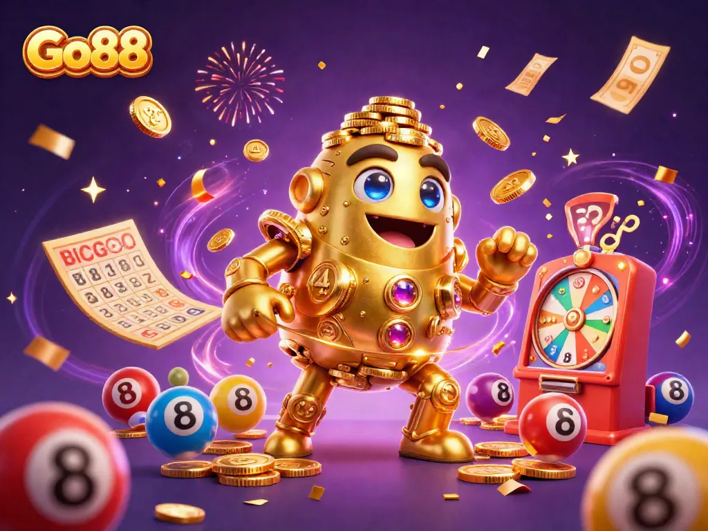 Engage with Go88's vibrant gaming scene featuring a golden golem and colorful lottery elements.
