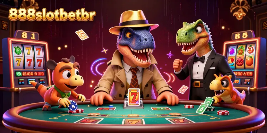 Experience the excitement at 888slotbetbr, where a cartoon velociraptor and stegosaurus engage at the blackjack table amid vibrant casino elements.