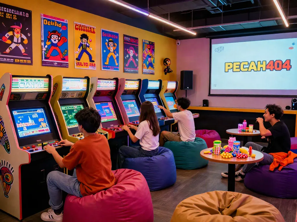 Friends enjoying retro games at a PECAH404 arcade, filled with nostalgic decor and vibrant atmosphere