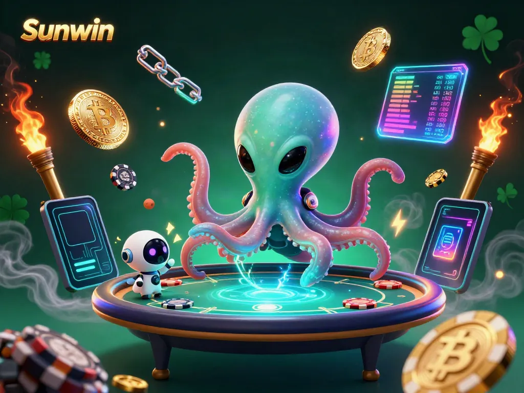 Engage with the thrilling world of Sunwin casino through an ultra-detailed 3D scene of an alien octopus playing poker.