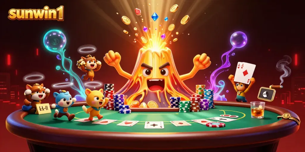 Win big with sunwin1 as a golden volcano erupts treasure, poker elements, and dynamic gaming action.