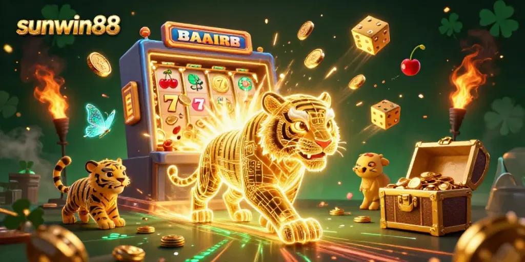 Experience the excitement of sunwin88 with a neon-wireframe tiger amidst a vibrant casino atmosphere.