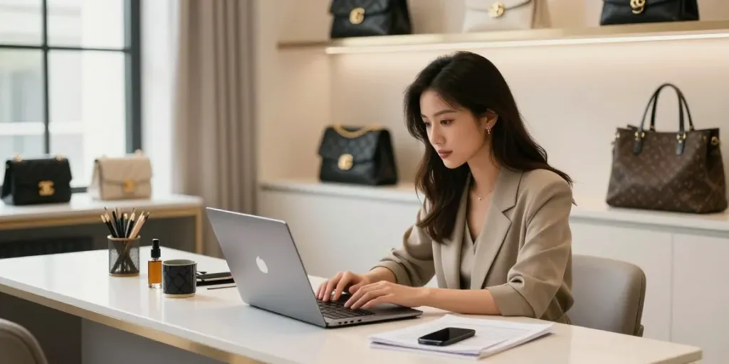 Online shopping at a premium Replica Shop with stylish products showcased.