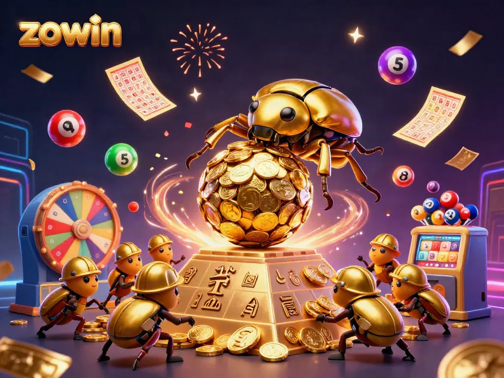 Experience the excitement of Zowin with vibrant casino elements and golden treasures illustrating the thrilling gaming world.