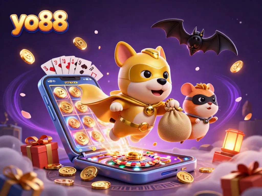 Play slot games and win prizes with yo88, featuring a superhero dog and gold coins in a vibrant casino scene.